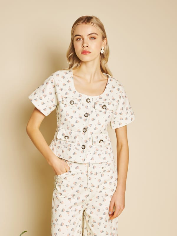 Off-White Ditsy Floral Denim Square Neck Button-Front Top — SISTER JANE