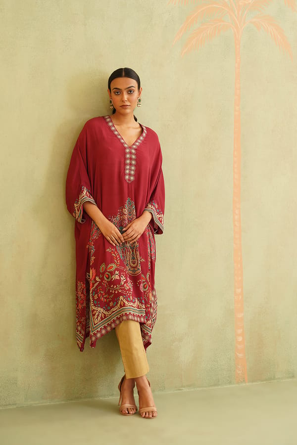 Red Printed Kaftan Kurta and Beige Pant Co-ord Set — NEETIKA CHOPRA