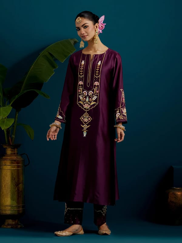 Purple Silk Chanderi A-Line Yoke Embroidered Kurta — Anantaa