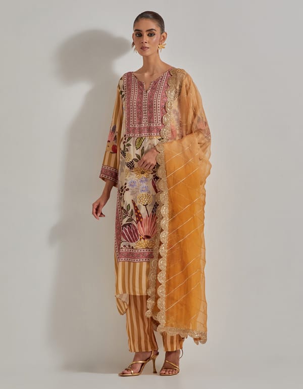Beige Printed Straight Kurta Set With Organza Dupatta — Kavita Bhartia