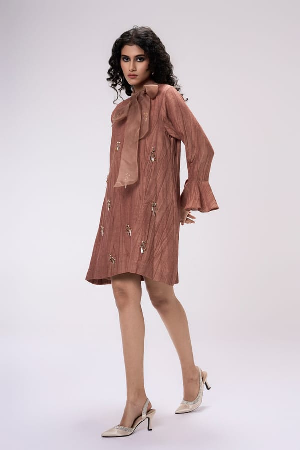 Brown Embellished Mini Shift Dress with Bow Tie Neck — KOR