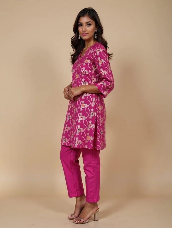 Pink Brocade Kurta and Palazzo Pants Co-ord Set — Truebrowns