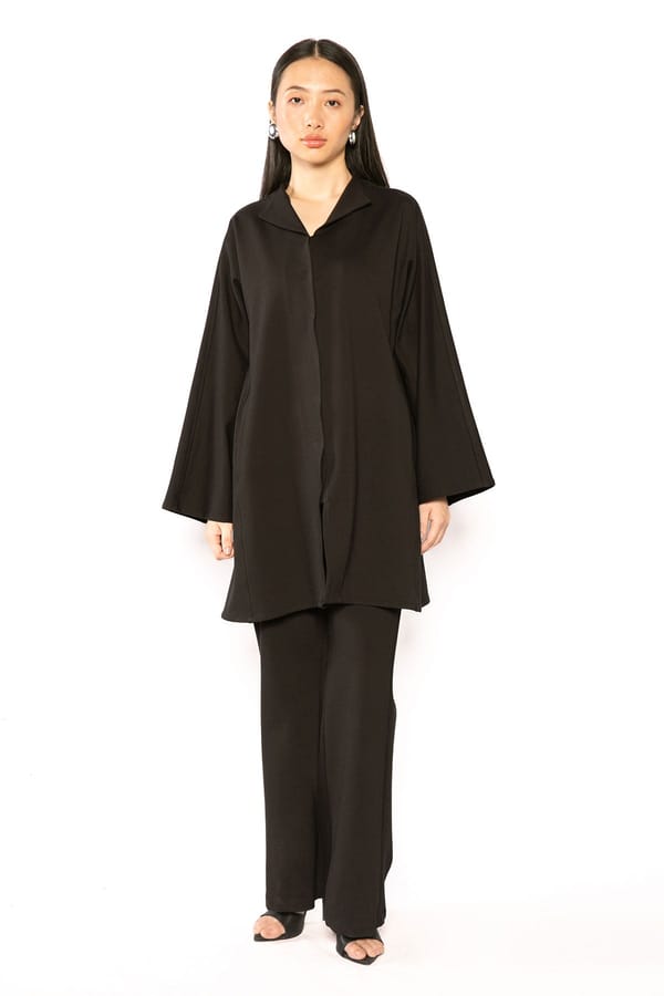 Black Longline Mandarin Collar Zip-Front Jacket — Contemponari
