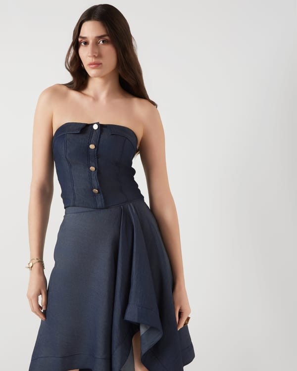 Navy Tencel Denim Strapless Bustier Top — Needle Ten