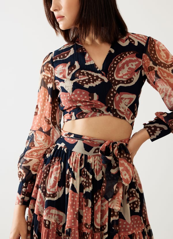 Dark Blue And Pink Floral Wrap Top — KoAi