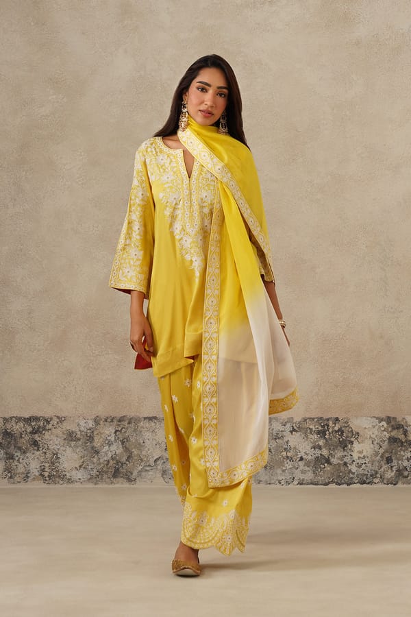 Naaz Yellow Aari Farshi Salwar Set with Ombre Dupatta — INCHING INDIA