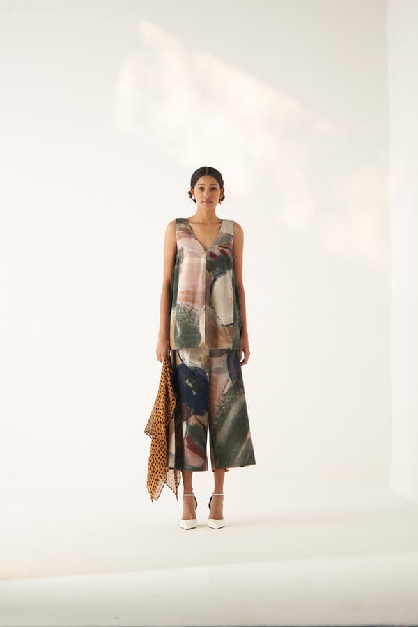 Multicolor Abstract Print Tunic and Culottes Co-ord Set — Ofrida