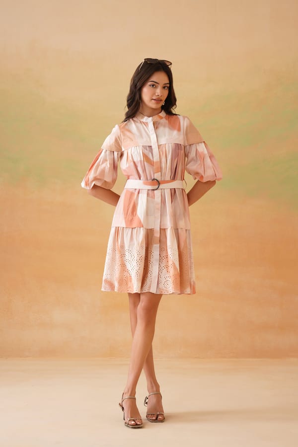 Peach Pastel Printed Tiered Mini Shirt Dress with Belt — IERA