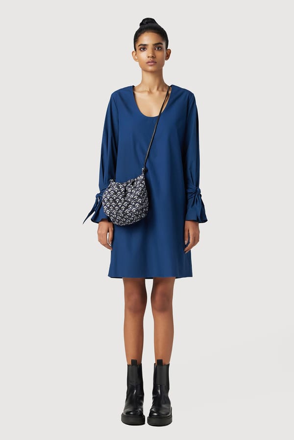 Blue Cotton Poplin A-Line Knee-Length Dress with Tie-Up Cuffs — Genes Lecoanet Hemant