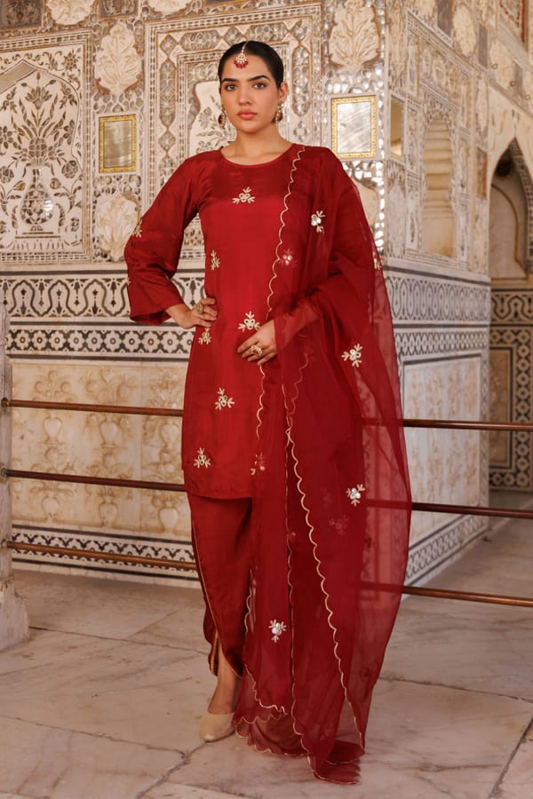 Maroon Silk Gota Patti Work Dhoti Set — Bannhi by Priyanka Rathore