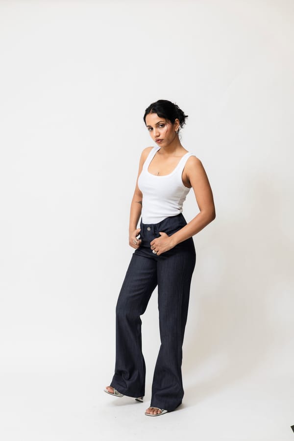 Navy High-Waisted Herringbone Denim Flared Trousers — Shop Staple