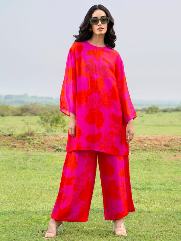 Pink Abstract Printed Tunic and Wide-Leg Pants Co-ord Set — Houseofsoi