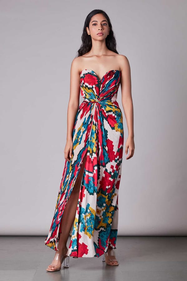 Pink/Multi Ikat Print Knot-Front Chiffon Maxi Dress — Saaksha and Kinni
