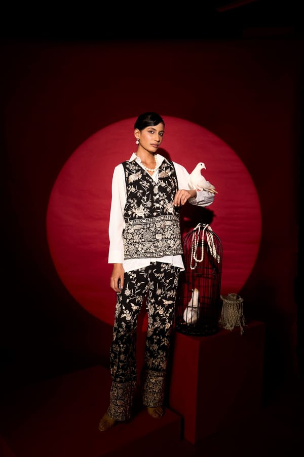 Black Embroidered Waistcoat and Wide-Leg Pants Co-ord Set — TASUVURE