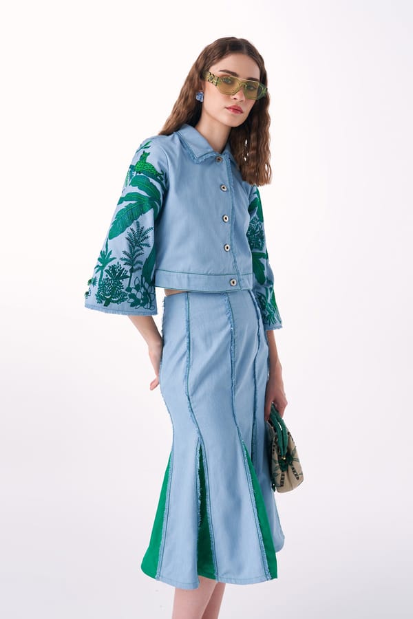 Aqua Denim Cropped Jacket with Jungle Embroidered Sleeves — Our Love