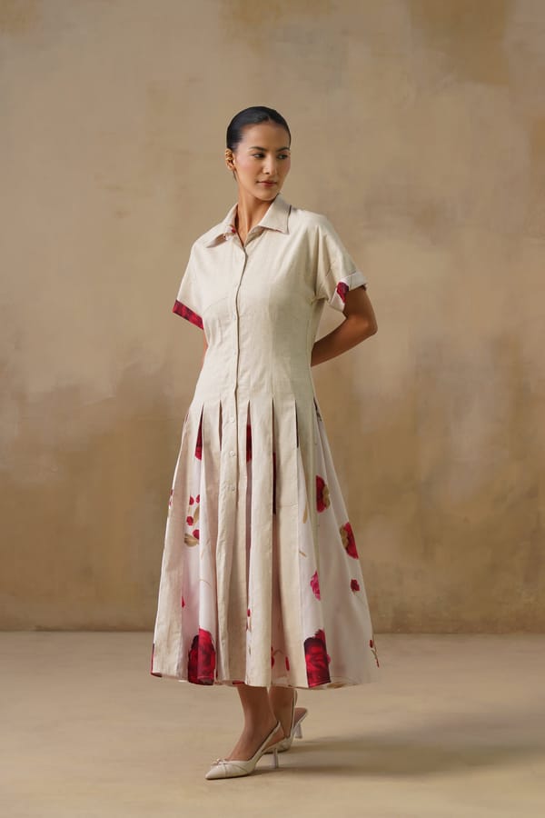 Beige and Red Linen Pleated Midi Shirt Dress — IERA