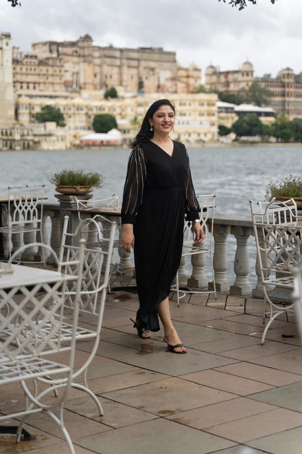 Black Georgette V-Neck Maxi Gown with Embellished Sleeves — EWOKE STUDIO