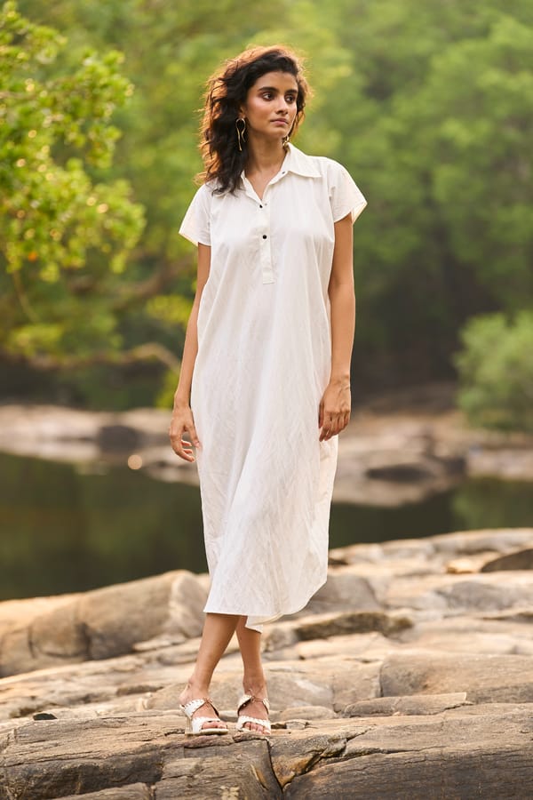 White Popover Poplin Midi Shirt Dress with Snap Buttons — Dash and Dot