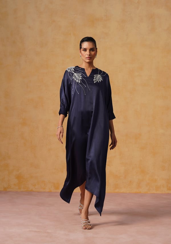 Navy Satin Kaftan Midi Dress with Crystal Embroidery — AMOSHI