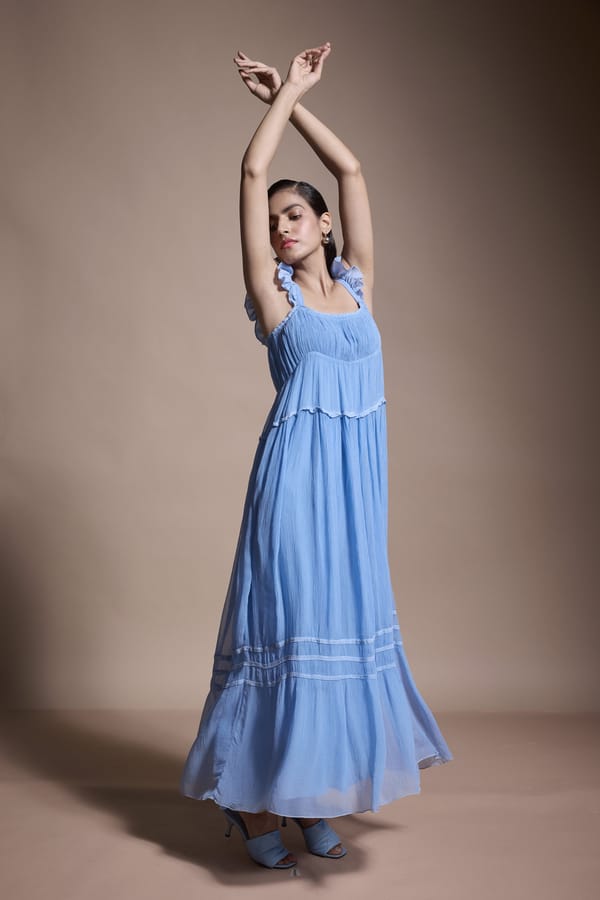 Azure Blue Tiered Maxi Dress with Ruffle Straps — Dash and Dot