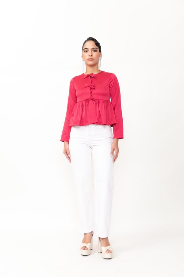 Pink Satin Peplum Top with Bow Detail — Contemponari