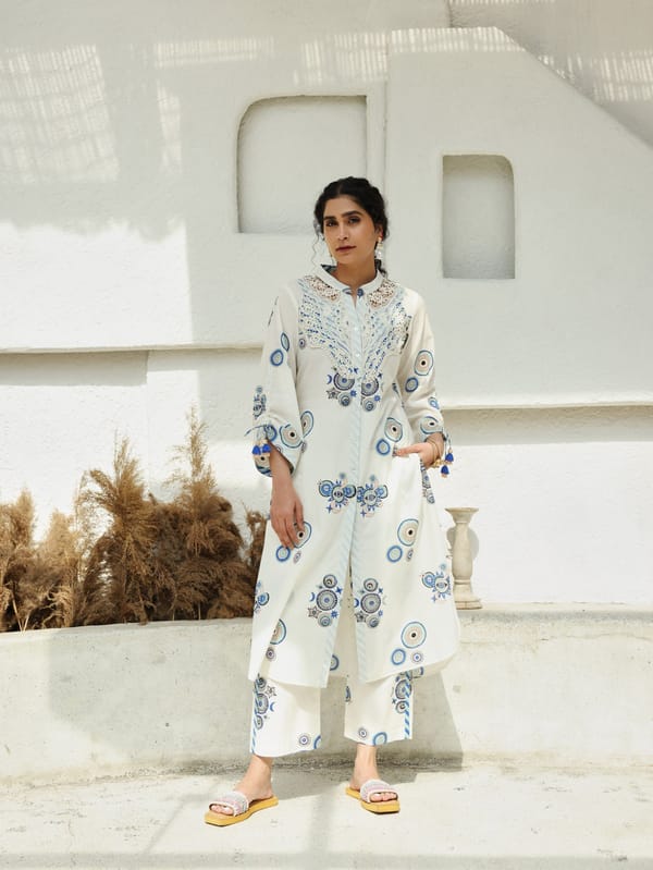 Green & Blue Sun & Moon Print Kurta Set — TASHA INDIA