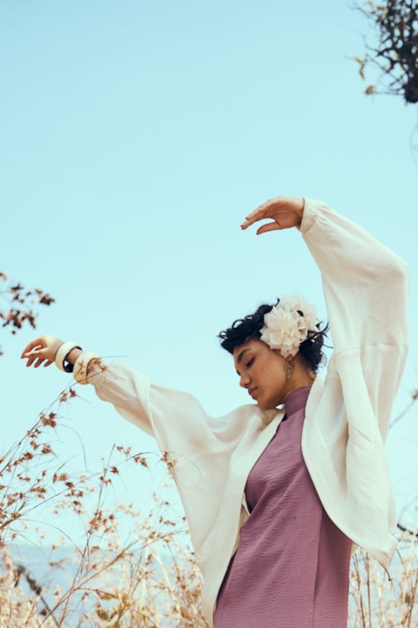 Off-White Sheer Mul Chanderi Oversized Bomber Jacket — Unrush