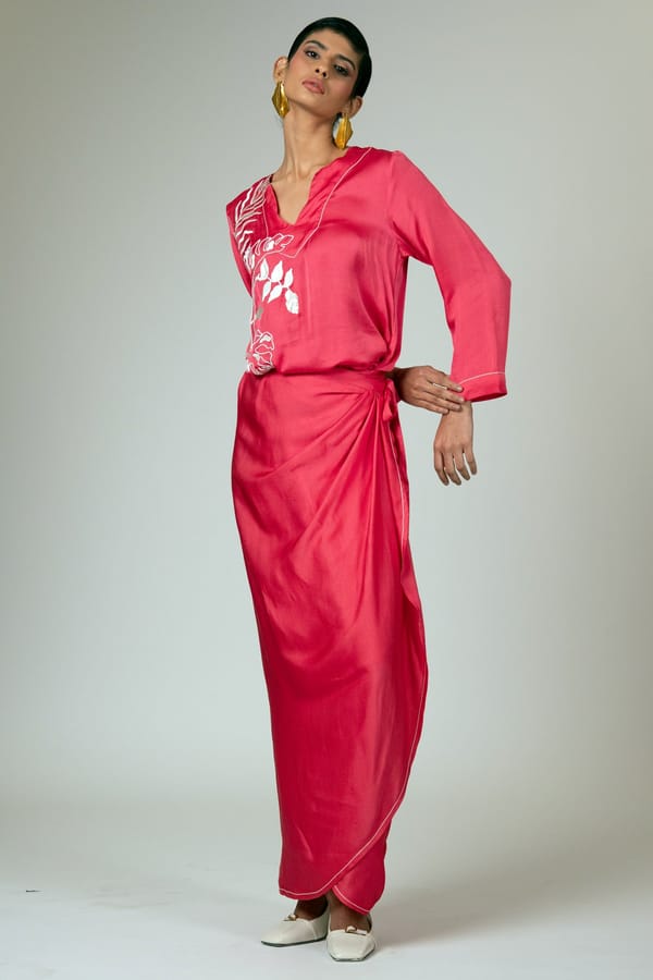 Pink Satin Wrap Kimono Maxi Dress with White Embroidery — Madder Much