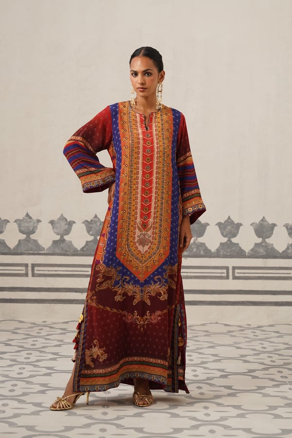 Multicolor Printed Maxi Kaftan Dress with Embroidery — NEETIKA CHOPRA