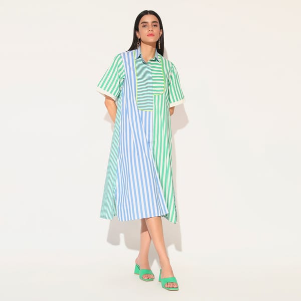 Blue Green Striped Panelled Cotton Midi Shirtdress — Linetribe