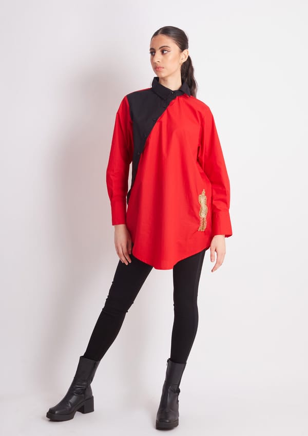 Half Black Half Red Comfort Fit Cotton Shirt with Embroidery — Richa Goenka