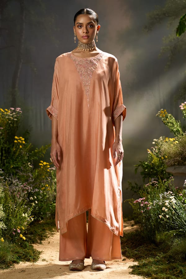 Peach Silk Kaftaan Kurta Set with Neckline Embroidery — Ganga Fashions Pvt Ltd