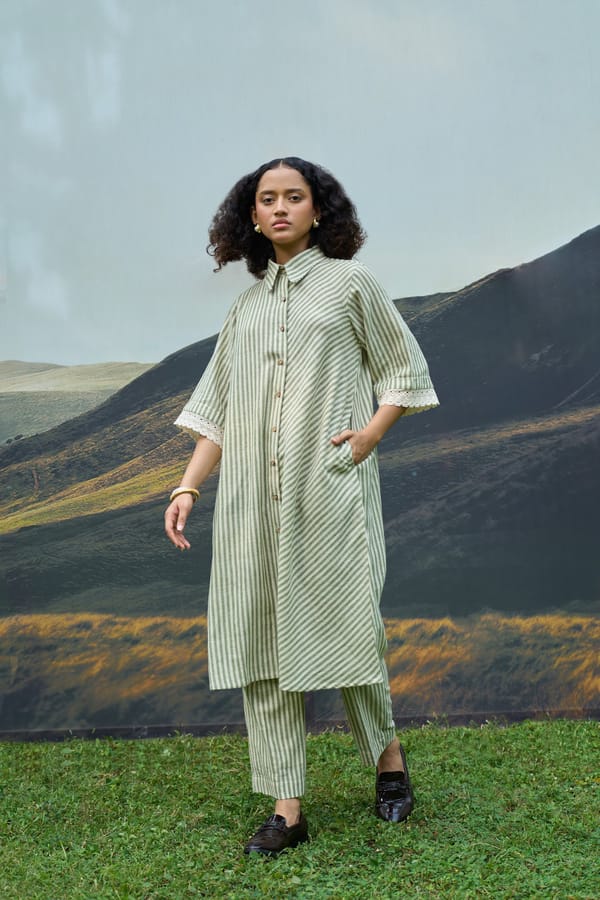 Green and Off-White Striped Maxi Shirt Dress — ALTER NATIVE