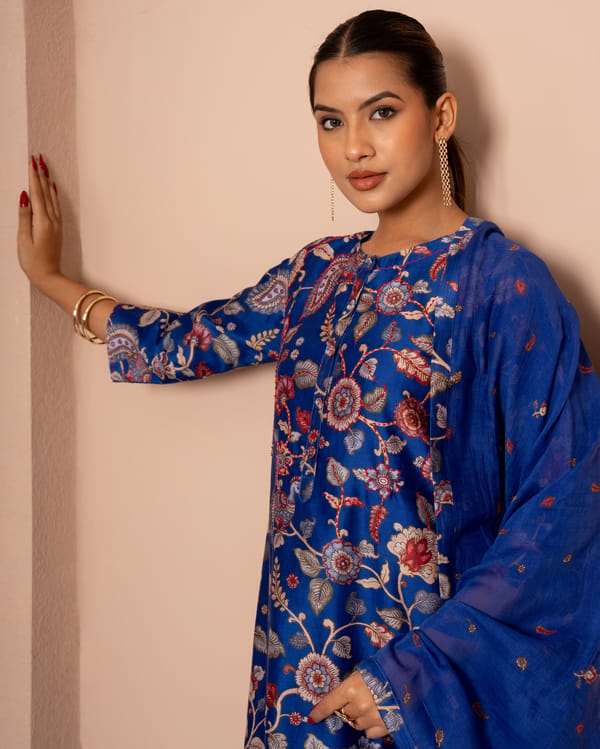 Royal Garden Digital Print Blue Chanderi Suit Set — Kameez