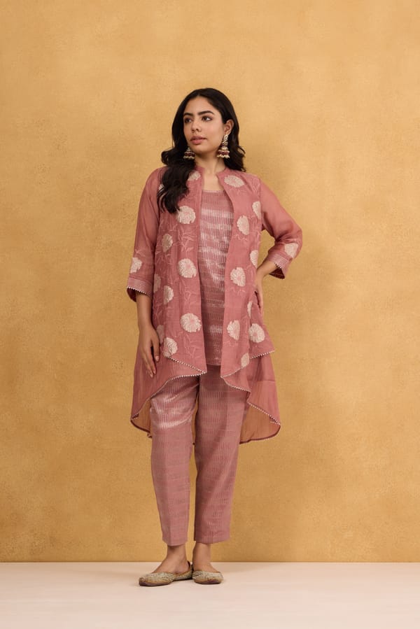Tissue Embroidered Chanderi Jacket Set with Tissue Inner and Pants — Omi Clothing