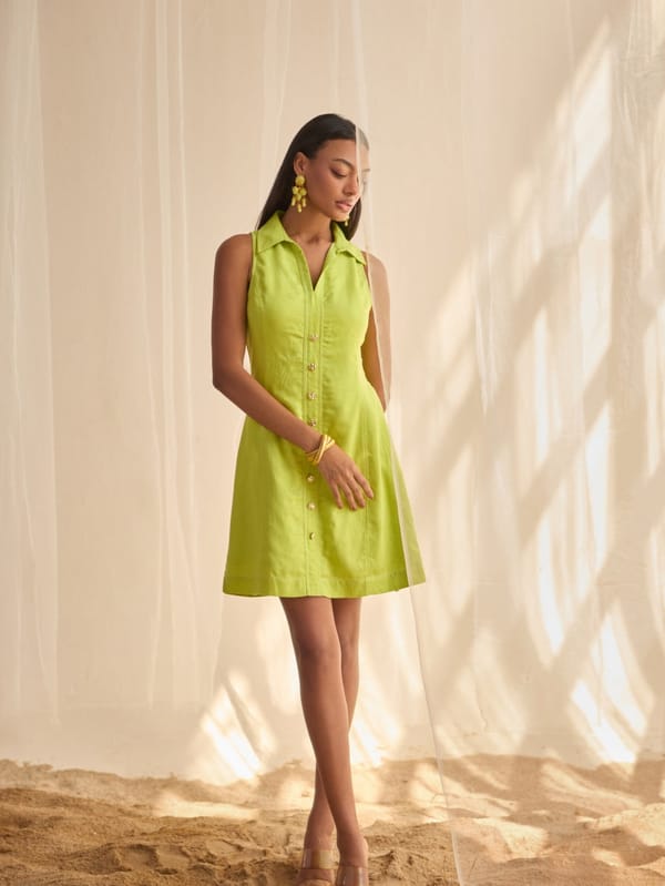 Lime Sleeveless Collared Button-Front A-Line Mini Dress — Style Island