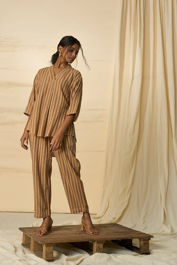 Brown/Beige Striped Kala Cotton Kurta Co-ord Set — ALTER NATIVE