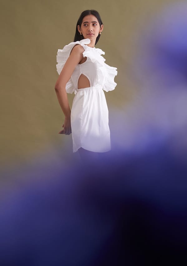 White Cotton Ruffle Mini Dress with Side Cut-Outs — AMOSHI