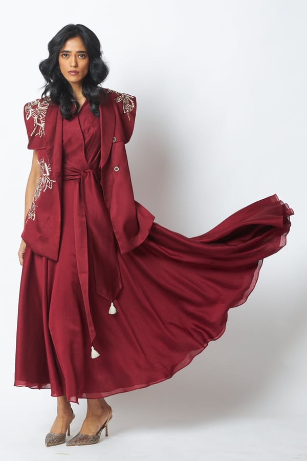Burgundy Flap-Wrap Jacket and Maxi Dress Co-ord Set — Madder Much