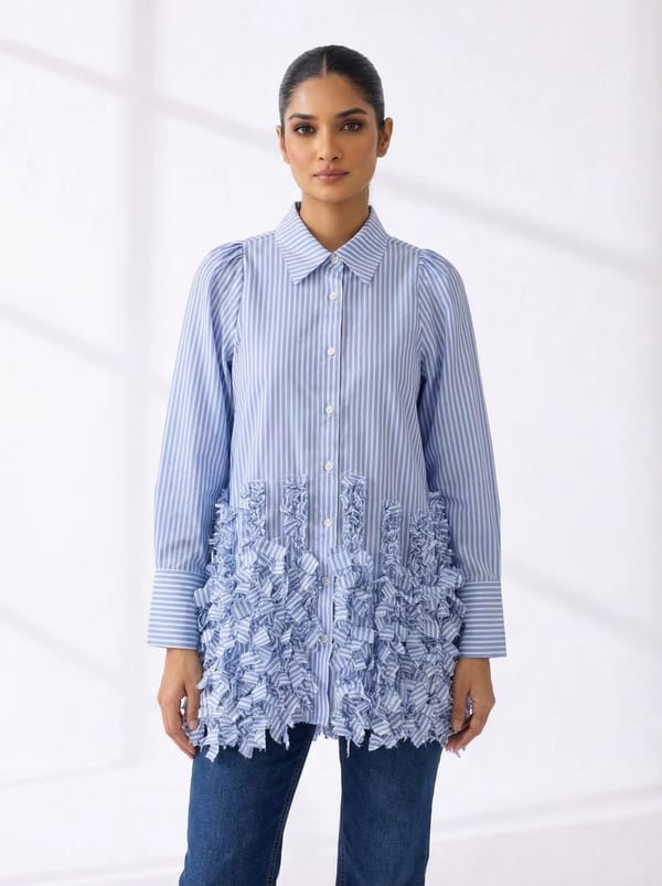 Blue Striped Longline Shirt with 3D Ruffle Hem — KIHIKI
