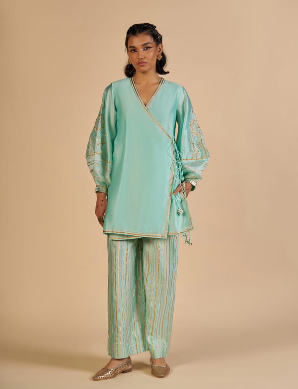 Aqua Wide-Leg Chanderi Trousers with Gold Stripes — Gulabo by Abu Sandeep