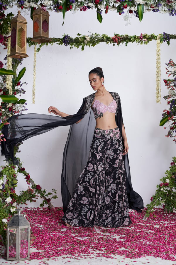 3-Piece Bralette, Floral Sharara and Cape Co-ord Set — AMRTA BY GUNEET KONDAL