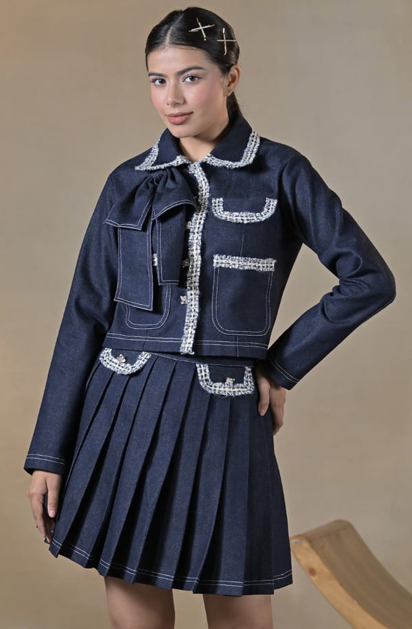 Blue Denim Boucle Trim Skirt Set — OMBRELLO