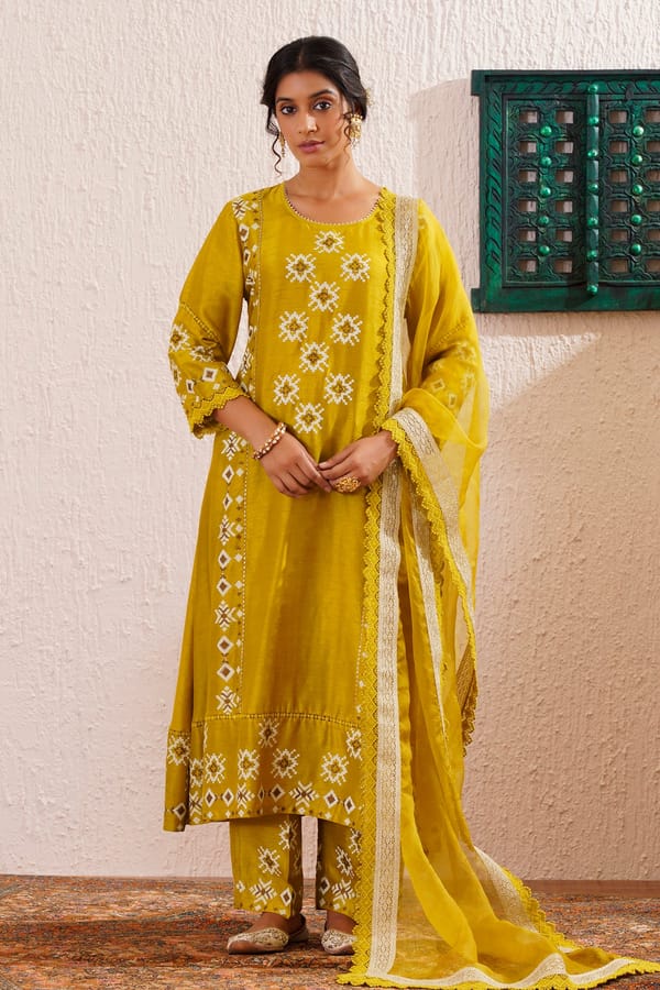 Lime Green Block Printed Panelled Kurta Set — Omi Clothing