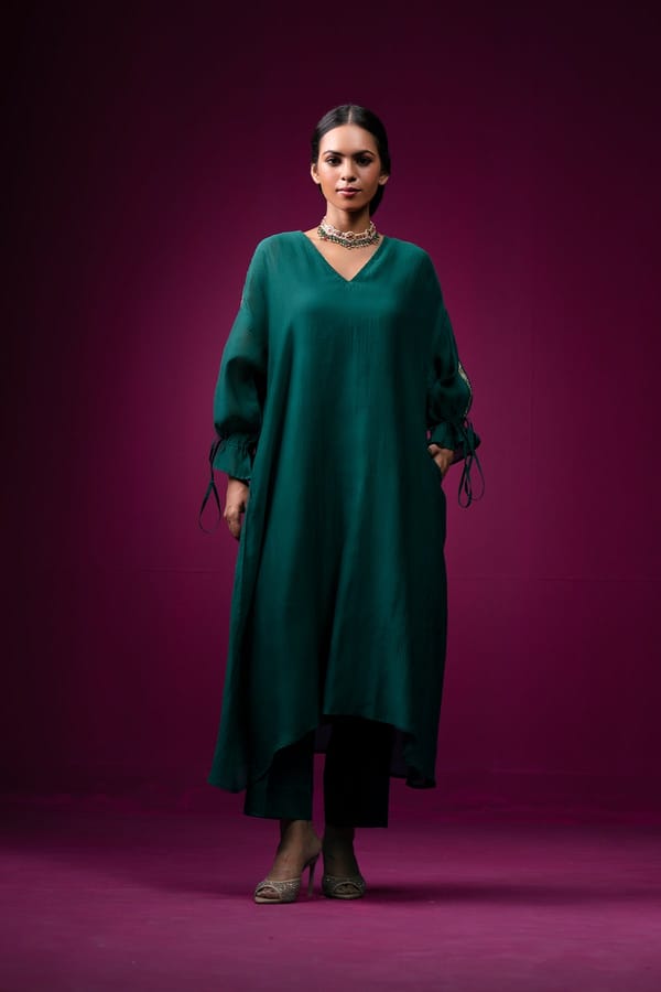 Dark Green Chanderi Silk Kaftan Kurta Set (3 Pc) — Trendy Tokari