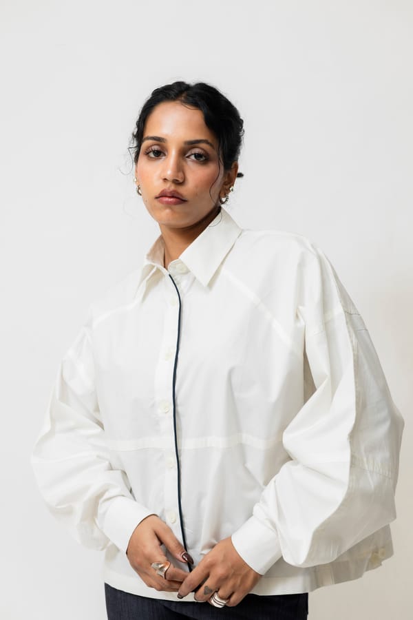 White Oversized Cotton Shirt with Contrast Piping — Shop Staple
