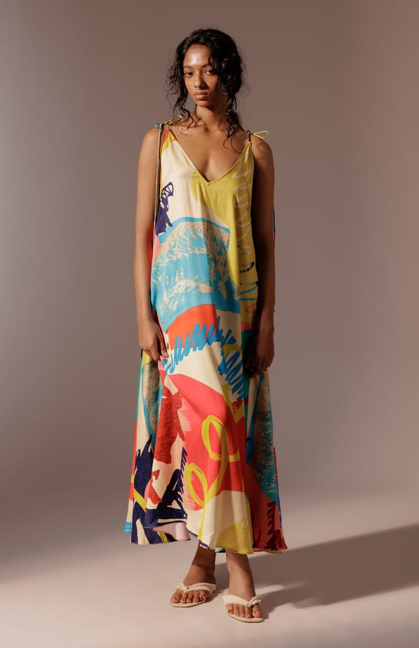 Multicolor Abstract Print Tie-Up Strap Satin Maxi Dress — ADVAIT