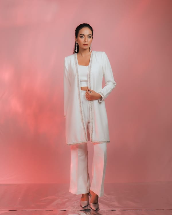 Ivory Embellished Longline Jacket and Trouser Co-ord Set — Darling Girl