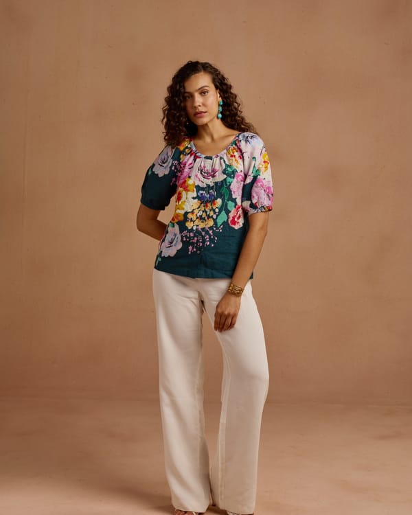 Blue Floral Cotton Button-Front Puff Sleeve Top — Style Island