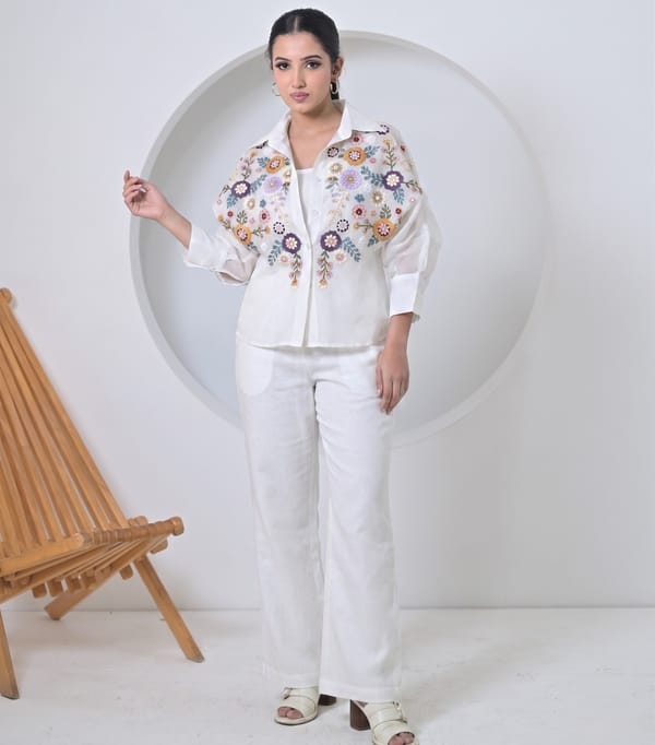 White Florium Shirt With Pant Set — RUCHIKA MALLIKA LABEL
